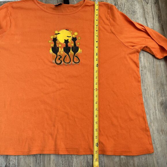 Halloween T-Shirt 2X Orange and Black Cats Moon Vintage Long Sleeve Spooky - Picture 6 of 7